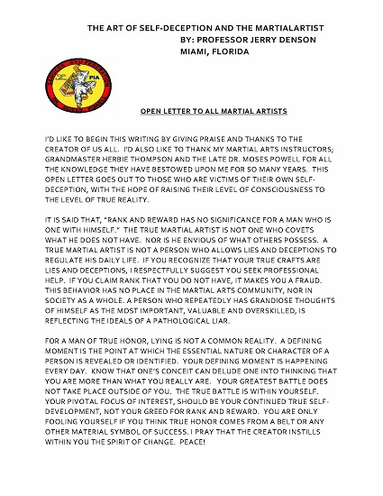 An Open Letter: The Art of Self-Deception and the Martial Artist, by Professor Jerry Denson, Miami, Florida